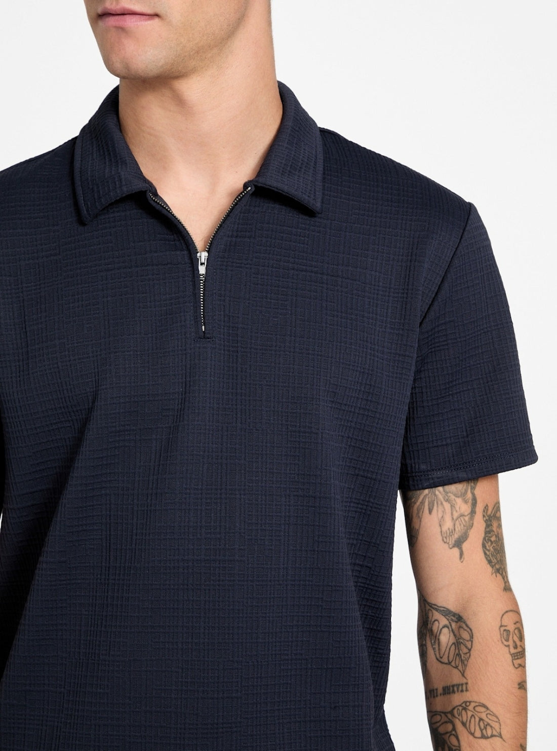 Guess Mens Eco Ss Textured Zip Navy