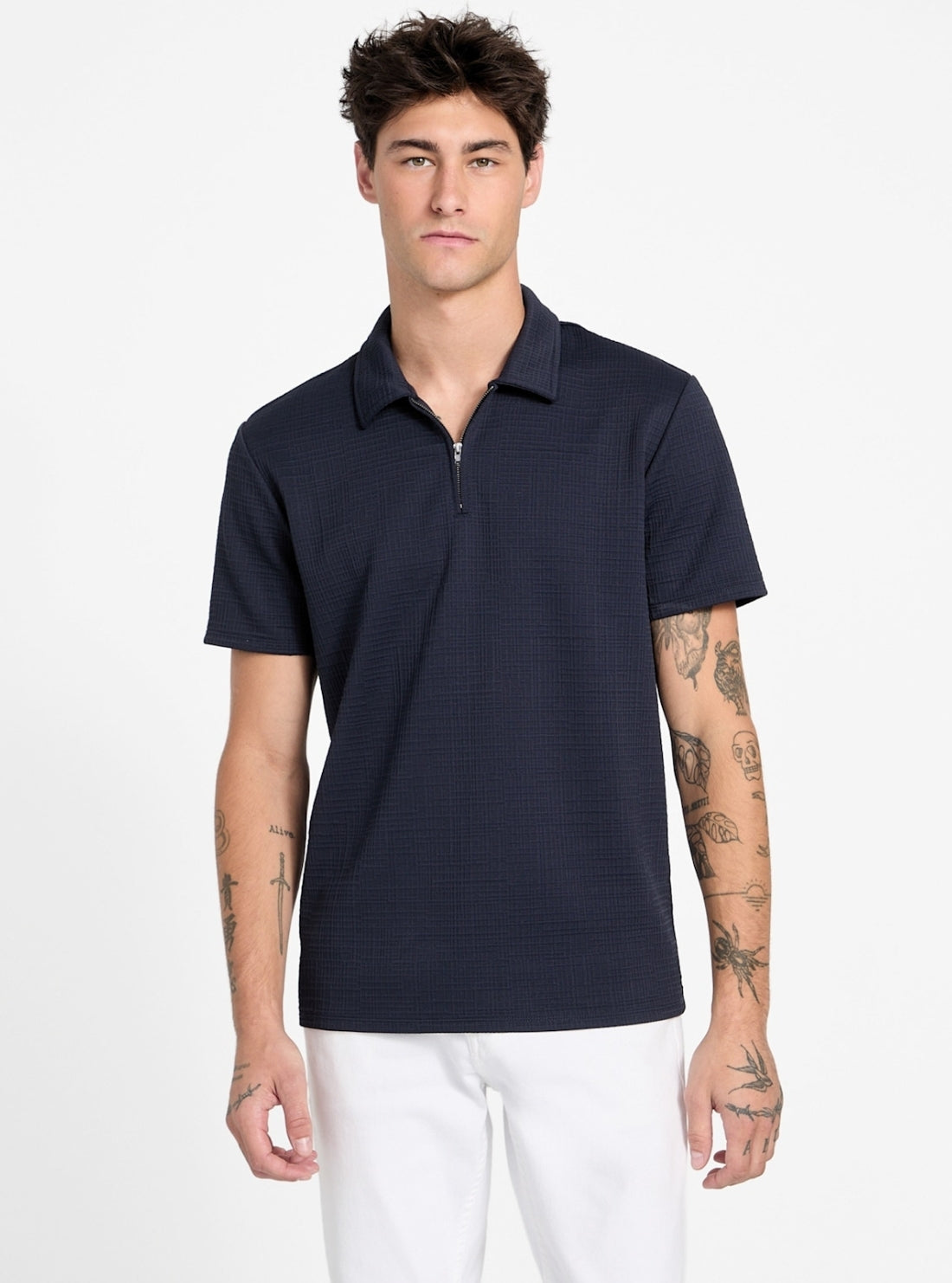 Guess Mens Eco Ss Textured Zip Navy