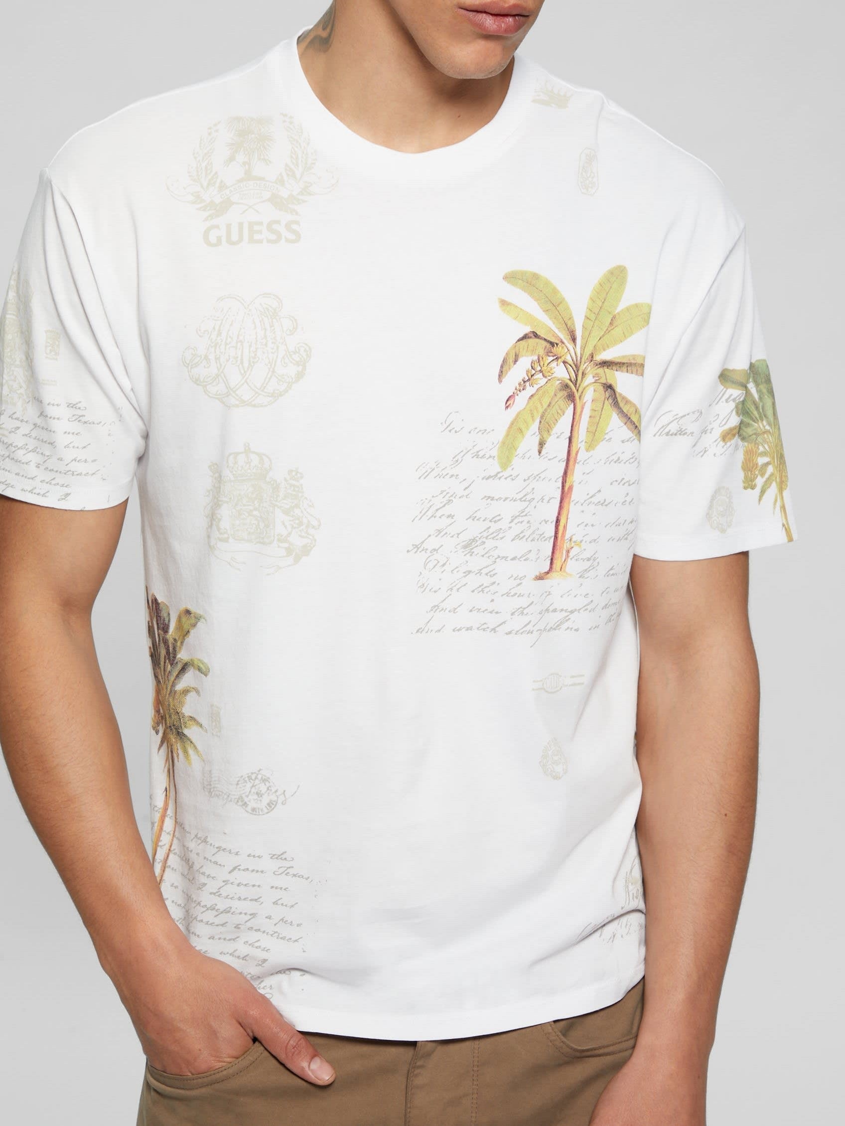 Guess M4Yi0Hk9Rm1G Mns Ss Bs Palm Collrge Tee White