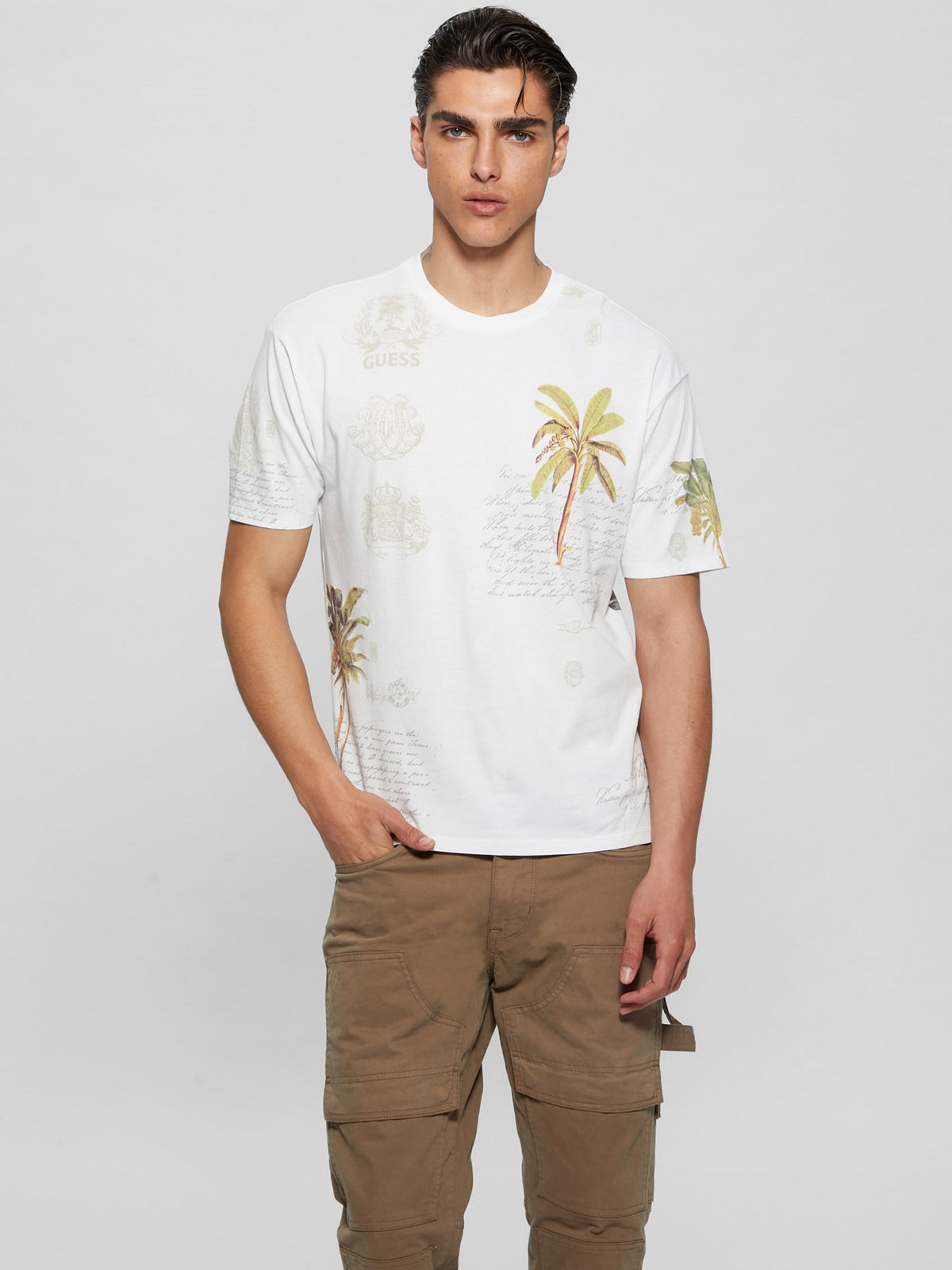 Guess M4Yi0Hk9Rm1G Mns Ss Bs Palm Collrge Tee White