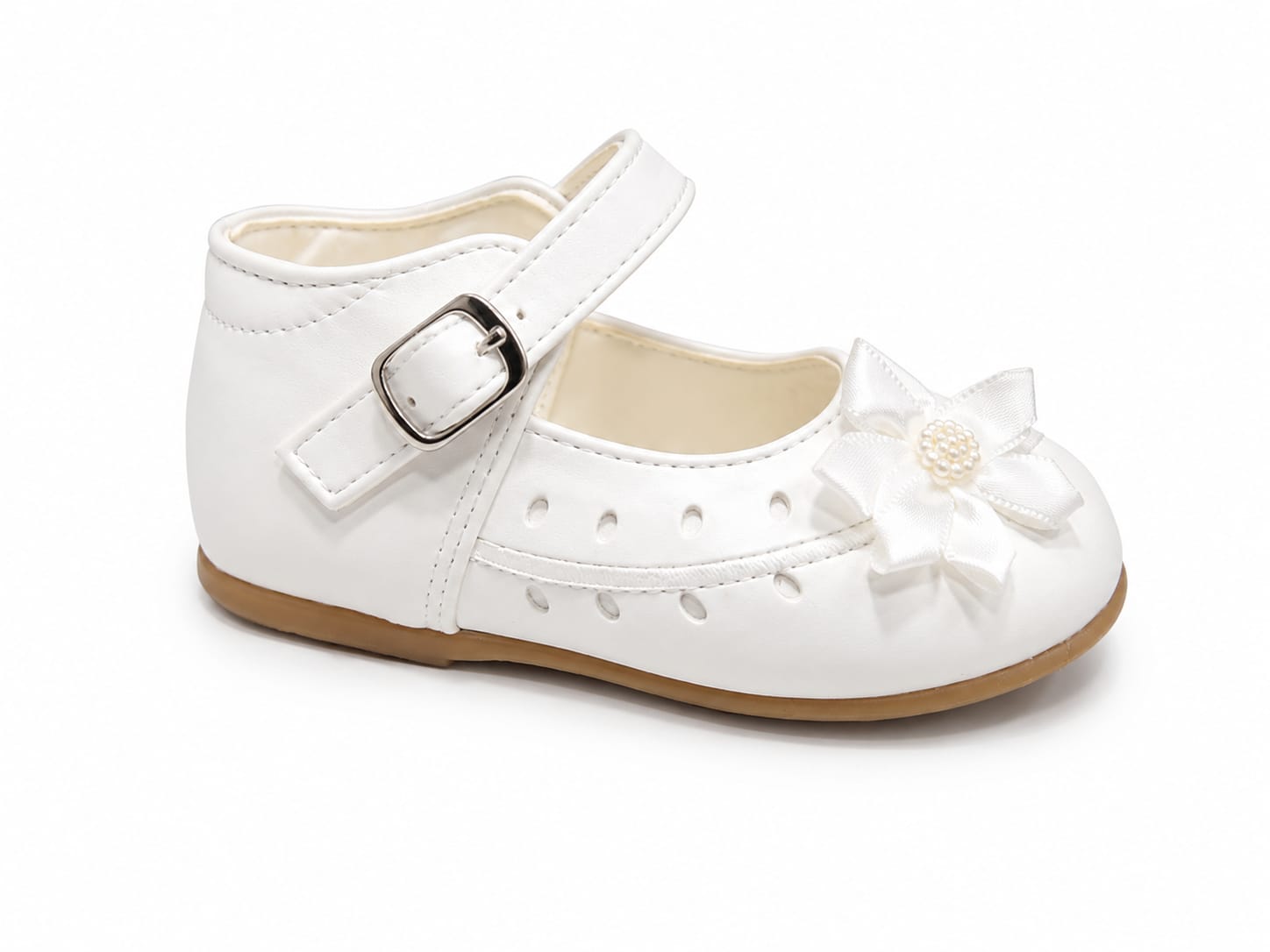 Mother's Choice Girls Shoe With Satin Flowers In White