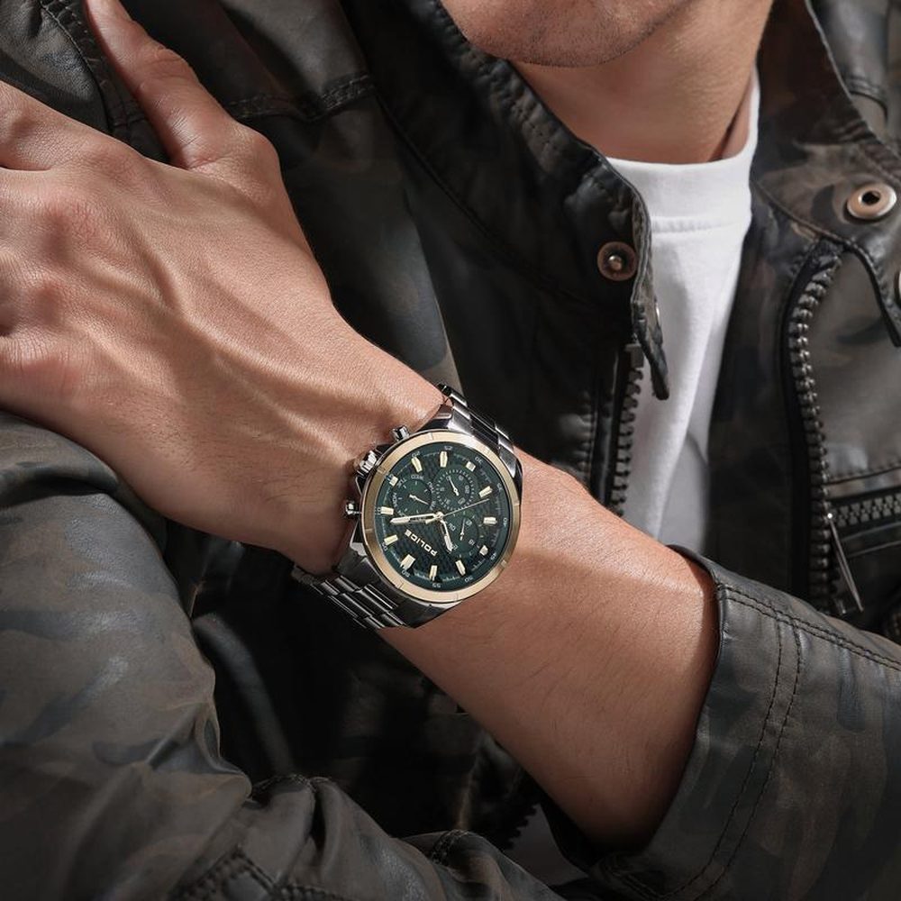 Police Mens Green Dial Gold Case Watch In Silver