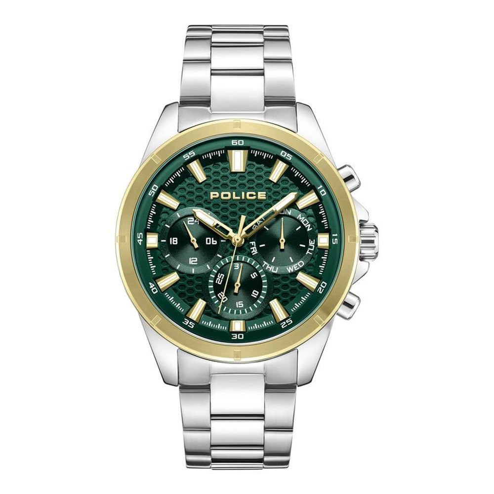 Police Mens Green Dial Gold Case Watch In Silver