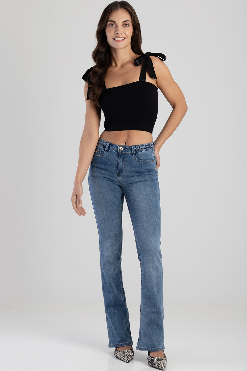 Sissyboy Womens Mid-Waist Bootleg Jeans With Wasit Braid In Medium Vintage