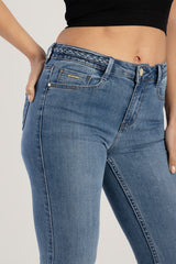 Sissyboy Womens Mid-Waist Bootleg Jeans With Wasit Braid In Medium Vintage