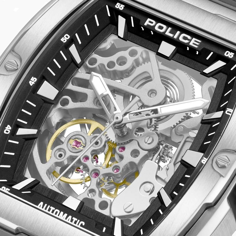 Police Skeletor Exposed Mechanical Silver Watch