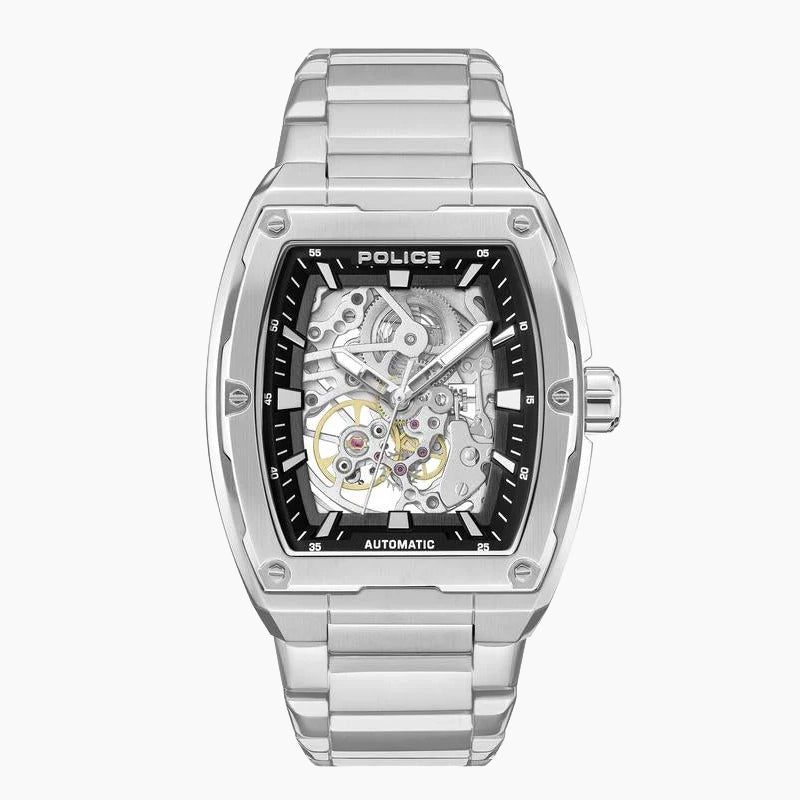 Police Skeletor Exposed Mechanical Silver Watch