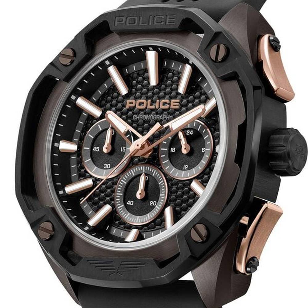 Police Mens Quartz Multifunction Silicone Strap Watch In Black/Black Dial