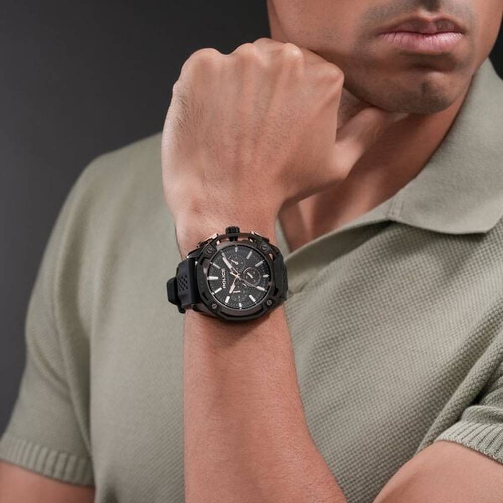 Police Mens Quartz Multifunction Silicone Strap Watch In Black/Black Dial