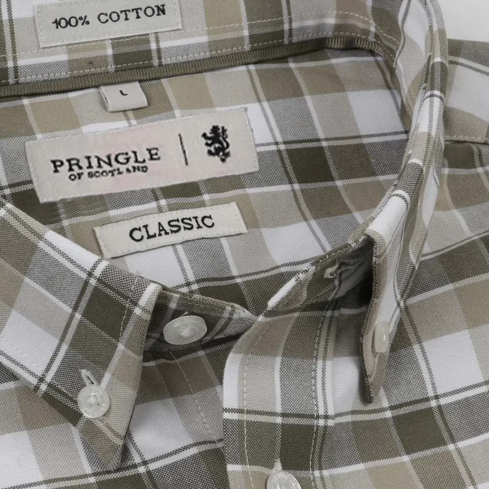 Pringle Mens Samual Oxford Check Short Sleeves Classic Shirt In Olive