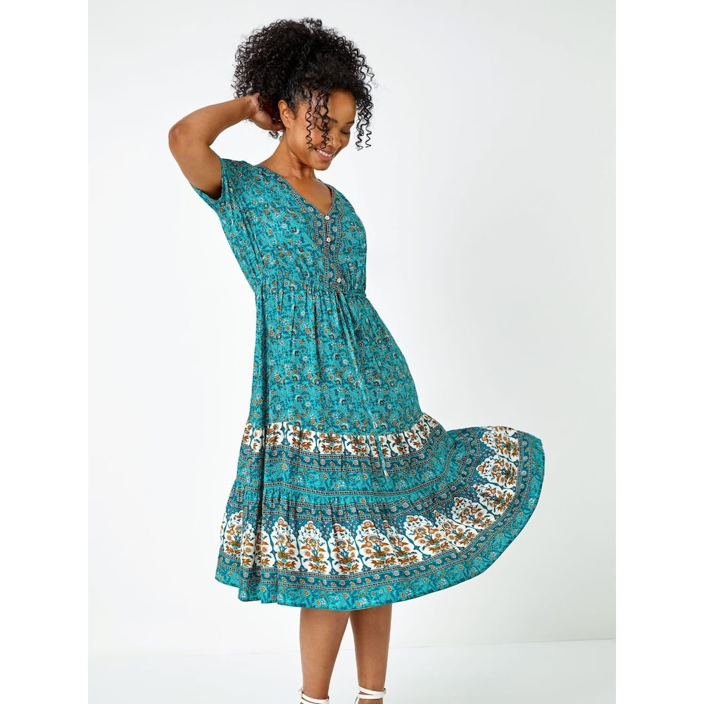 Izabel London Petite Floral Border Print Midi Dress In Green