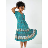 Izabel London Petite Floral Border Print Midi Dress In Green