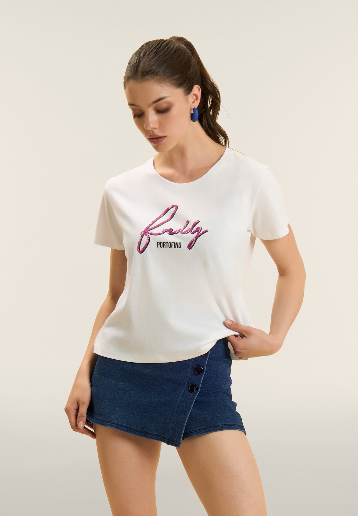 Freddy Womens Knitted Short Sleeves T-Shirt Floral Logo In White/Fuchsia