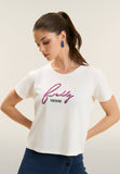 Freddy Womens Knitted Short Sleeves T-Shirt Floral Logo In White/Fuchsia