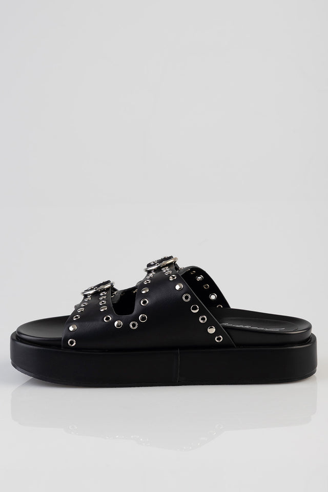 Sissy Boy Womens True Stud Double Strap Slides In Black