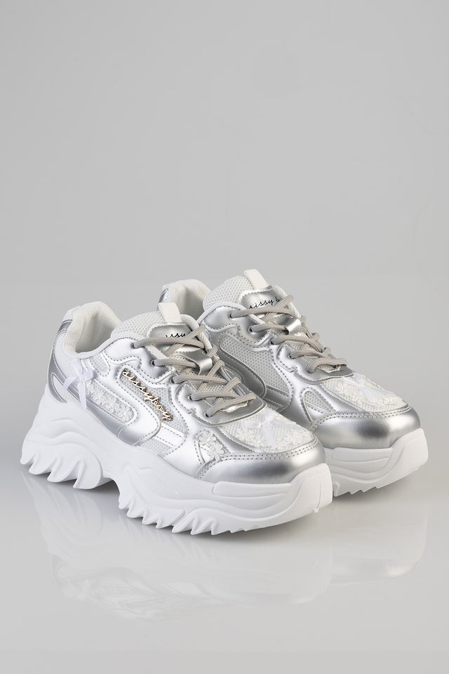 Sissy Boy Womens Chunky Sneaker With Bow And Flower In Silver