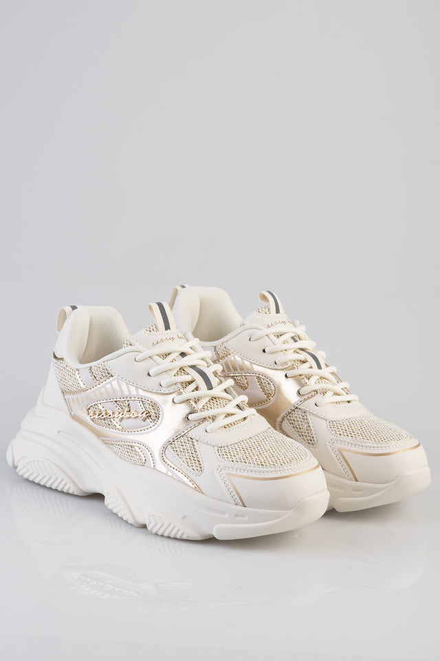 Sissy Boy Womens Chunky Sneaker With Gillter Detail In Cream And Gold