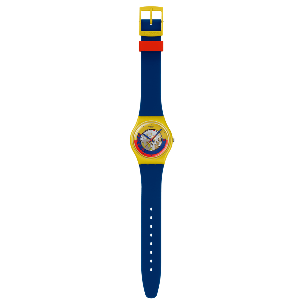 Swatch Timing Is Everything Unisex Watch In Navy & Yellow
