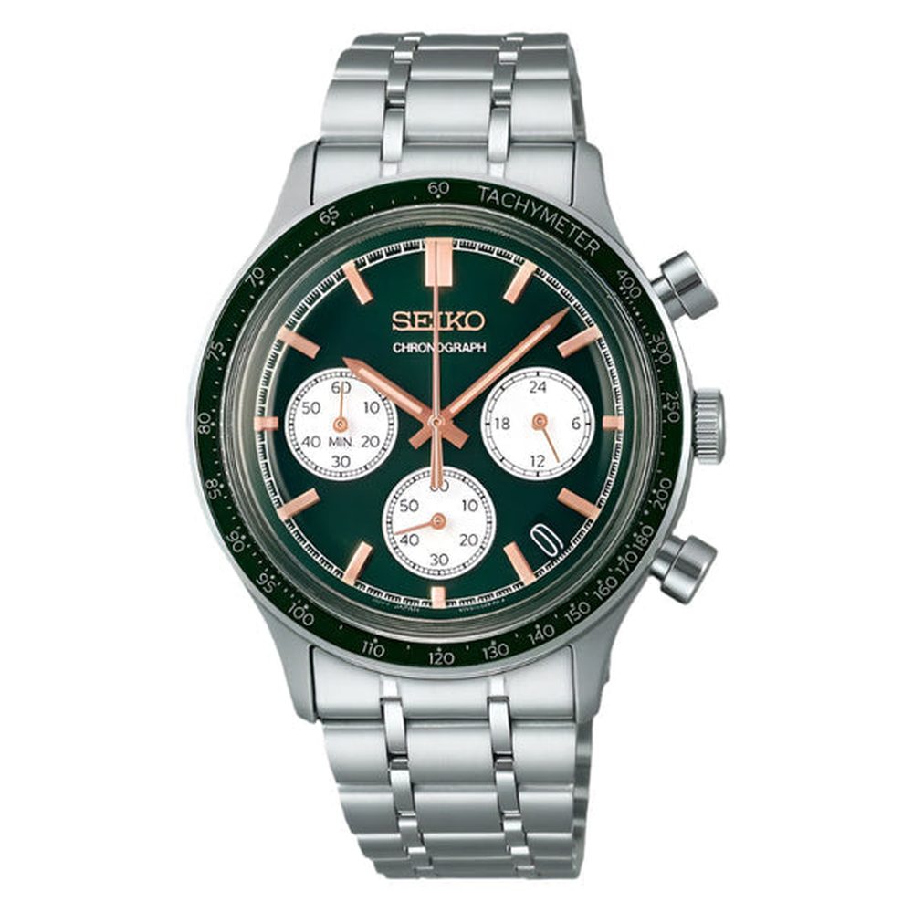 Seiko Mens Sport Stainless Steel Chronograph Watch In Sliver/Green Dial