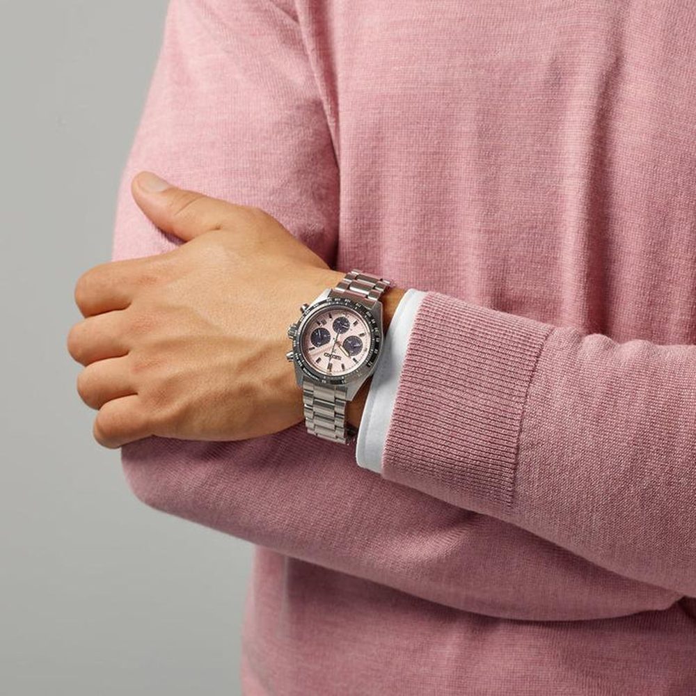 Seiko Mens Prospex Speedtimer Solar Chronograpg Watch In Sliver/Black/Pink Dial