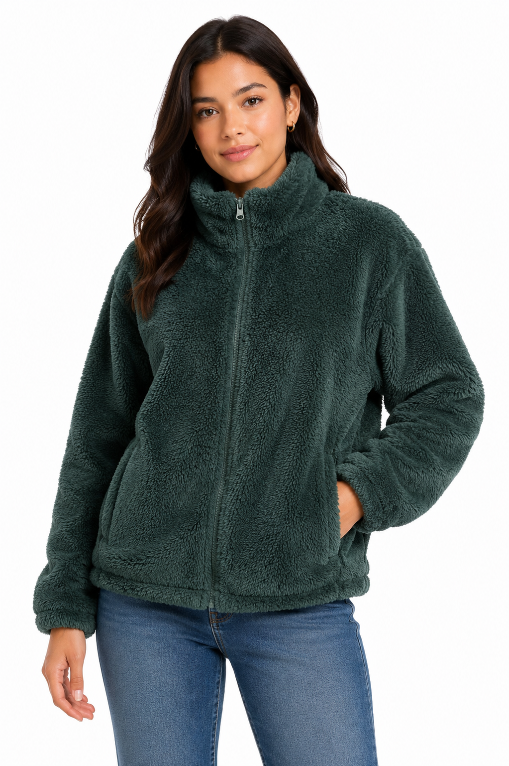 Izabel London Long Sleeve Zip Through Teddy Jacket In Green