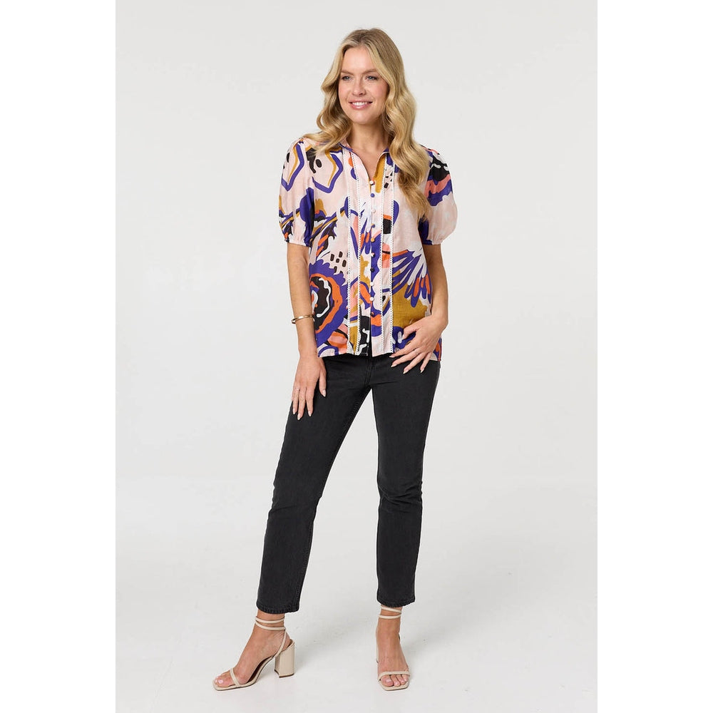 Mandi Abstract Lace Short Puff Sleeve Shirt In Pink Multi