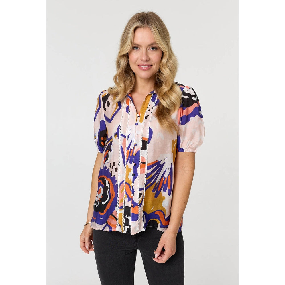 Mandi Abstract Lace Short Puff Sleeve Shirt In Pink Multi