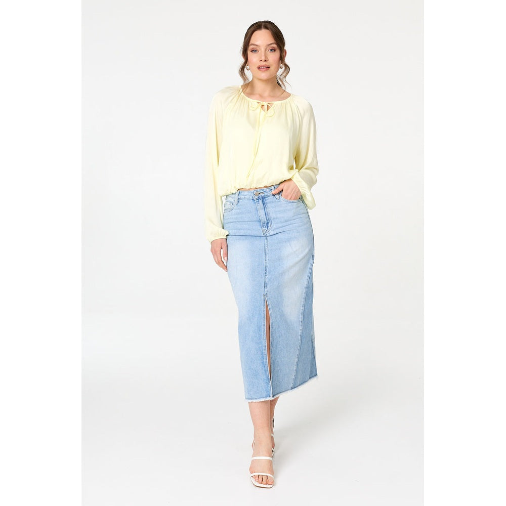 Stella Morgan Tie Front Long Sleeve Bubble Hem Blouse in Yellow