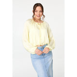Stella Morgan Tie Front Long Sleeve Bubble Hem Blouse in Yellow