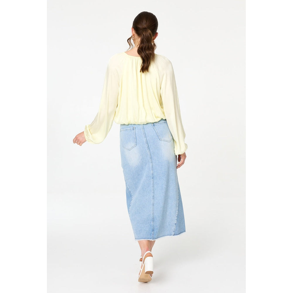 Stella Morgan Tie Front Long Sleeve Bubble Hem Blouse in Yellow