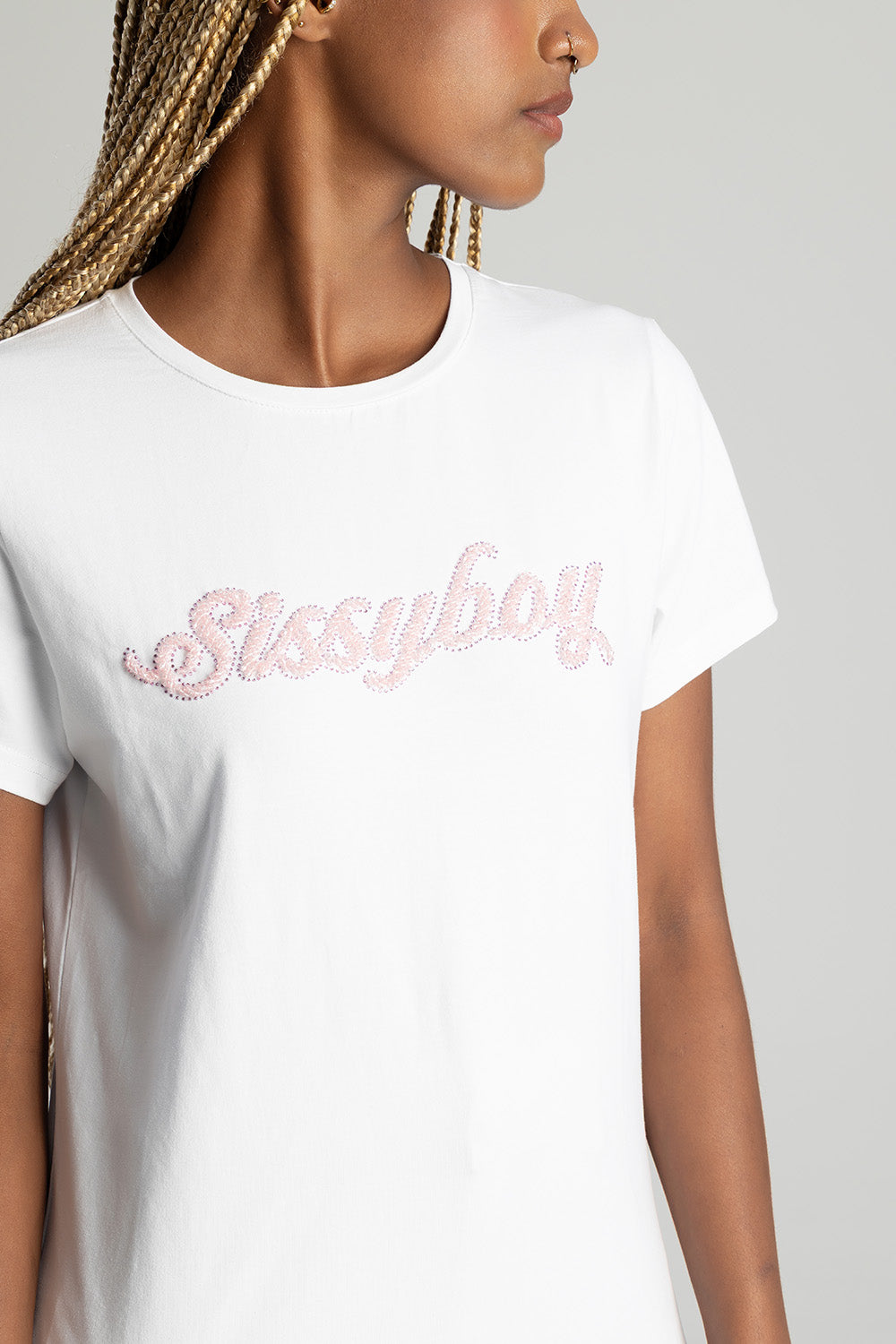 Sissyboy Ladies Regular T-Shirt with Beaded Logo In White