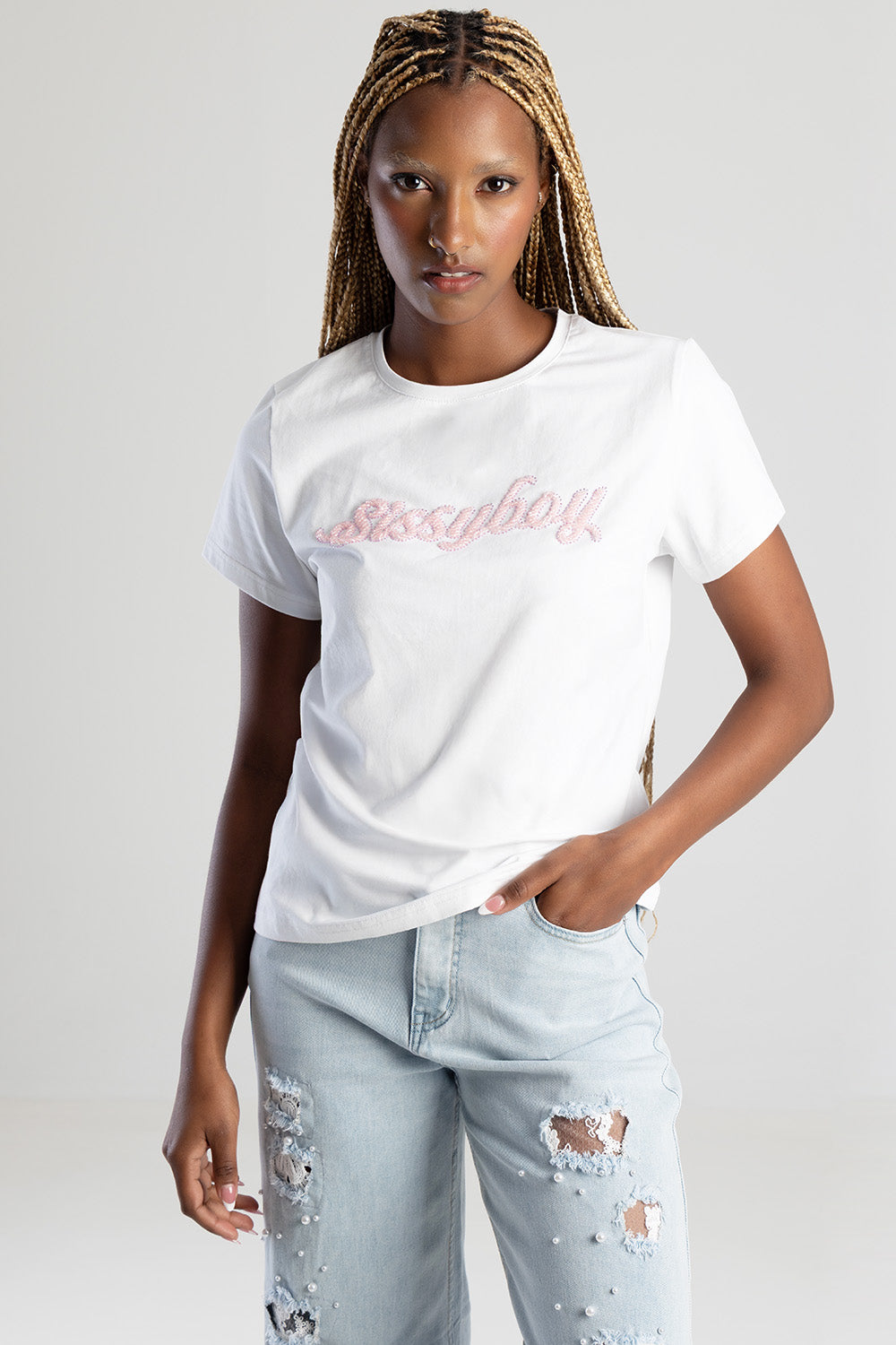 Sissyboy Ladies Regular T-Shirt with Beaded Logo In White