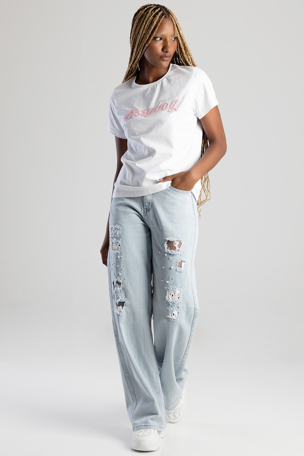 Sissyboy Ladies Regular T-Shirt with Beaded Logo In White