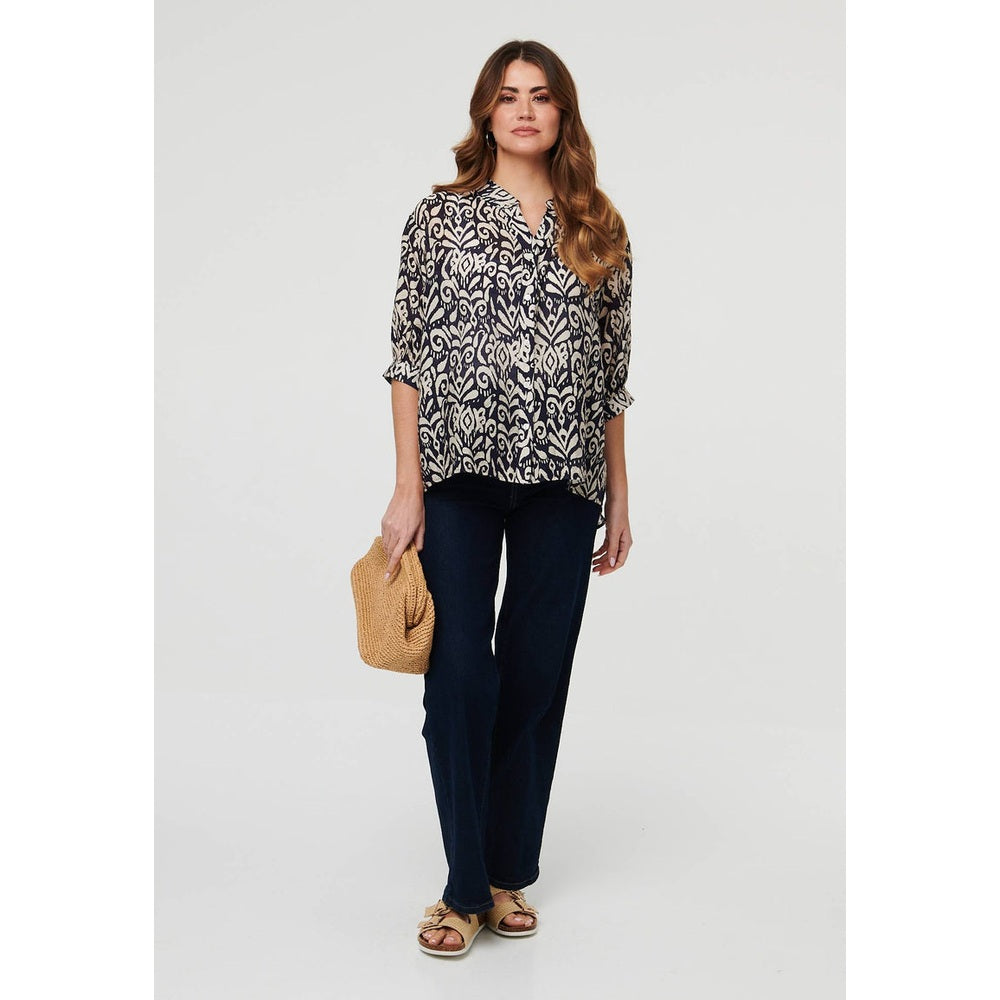 Izabel London Printed Button 3/4 Sleeve Relaxed Blouse in Navy Multi