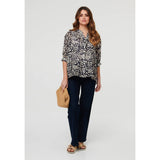 Izabel London Printed Button 3/4 Sleeve Relaxed Blouse in Navy Multi