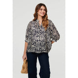 Izabel London Printed Button 3/4 Sleeve Relaxed Blouse in Navy Multi