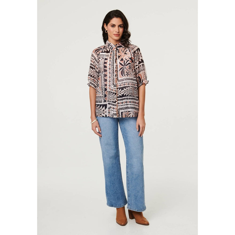 Izabel London Abstract 3/4 Sleeve High Neck Shirt in Brown