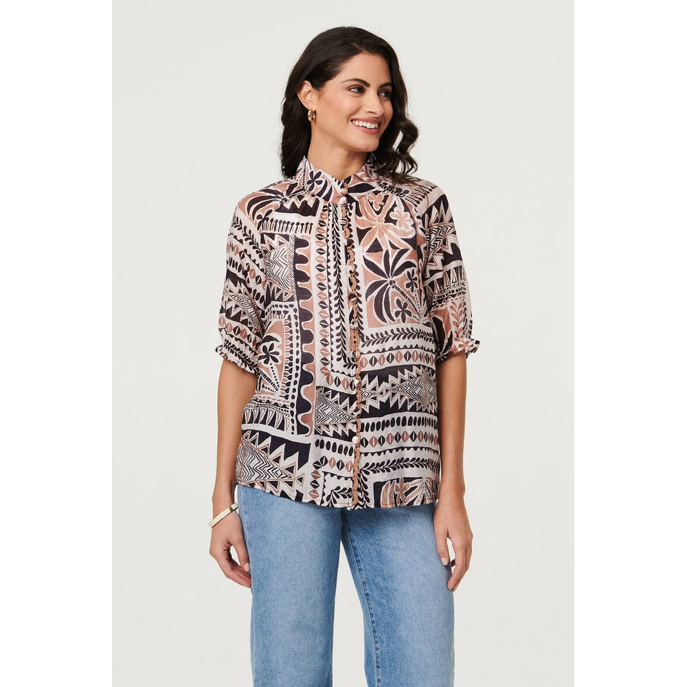 Izabel London Abstract 3/4 Sleeve High Neck Shirt in Brown