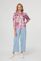 Izabel London Ladies Half Sleeve Printed Sheer Shirt In Pink