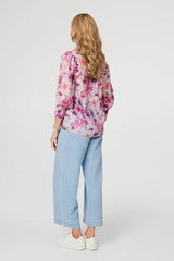 Izabel London Ladies Half Sleeve Printed Sheer Shirt In Pink