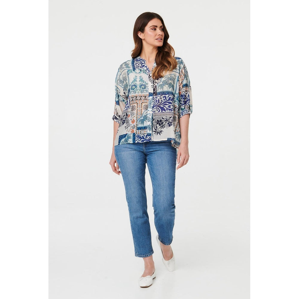 Izabel London Patchwork Sleeve Button Shirt In Blue Multi
