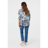 Izabel London Patchwork Sleeve Button Shirt In Blue Multi