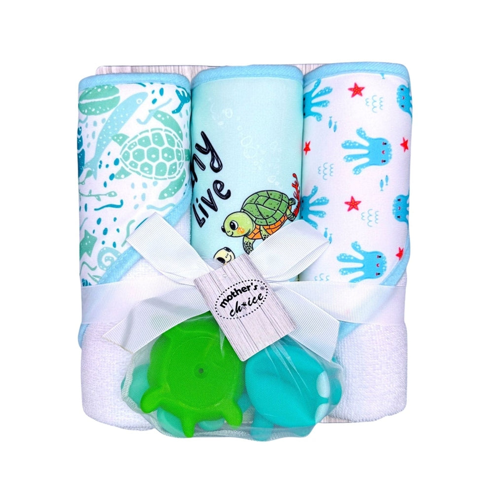 Mother's Choice Unisex 3 Hooded Towels & 3 Squeakys In Turquoise