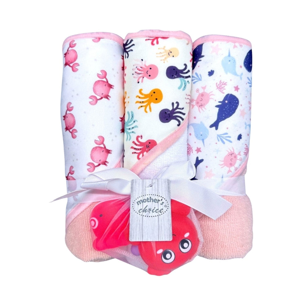 Mother's Choice Girls 3 Hooded Towels & 3 Squeakys In Pink