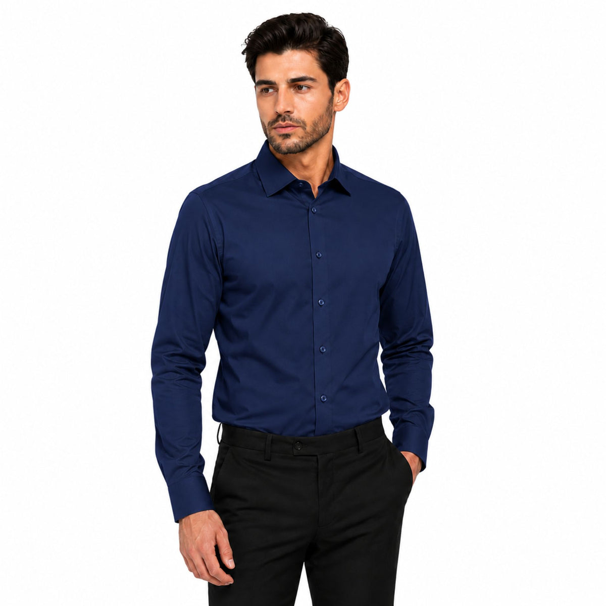 Morenzo Mens Lycra Sateen Long Sleeve Shirt In Navy