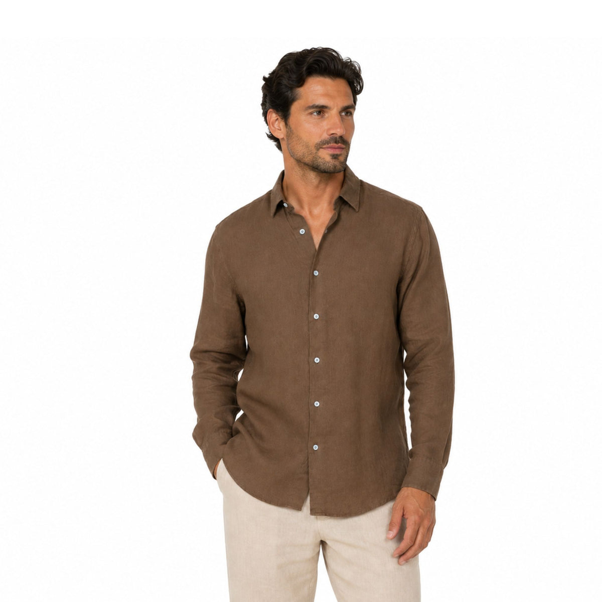 Morenzo Mens Long Sleeve Linen Shirt In Chocolate