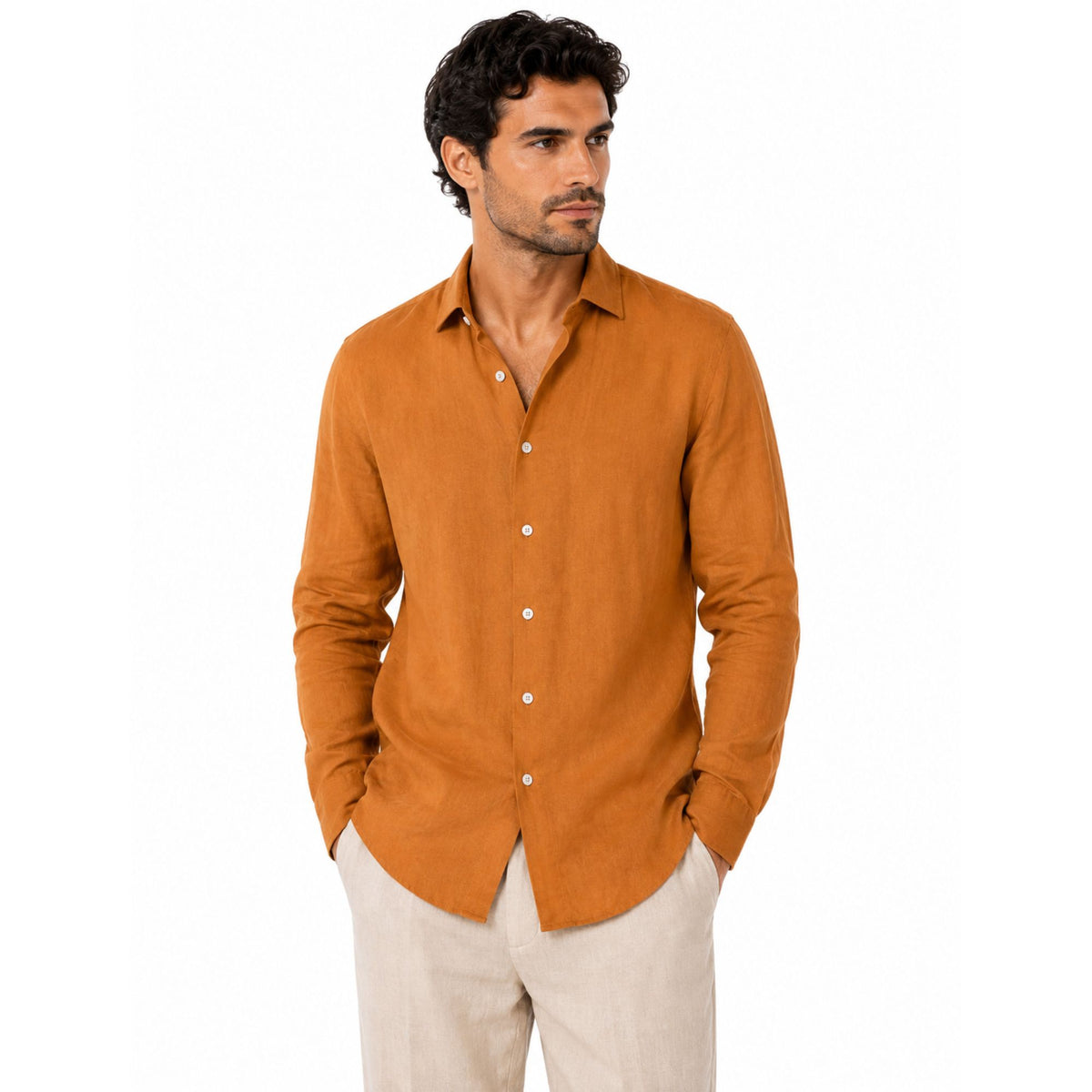 Morenzo Mens Long Sleeve Linen Shirt In Rust