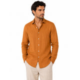 Morenzo Mens Long Sleeve Linen Shirt In Rust