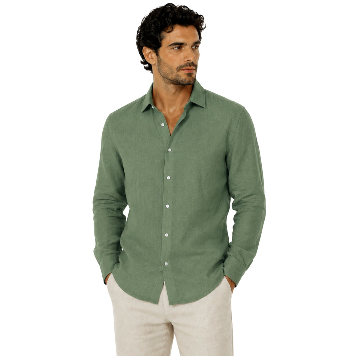Morenzo Mens Long Sleeve Linen Shirt In Olive