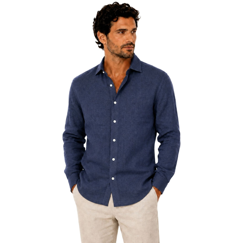 Morenzo Mens Long Sleeve Linen Shirt In Navy